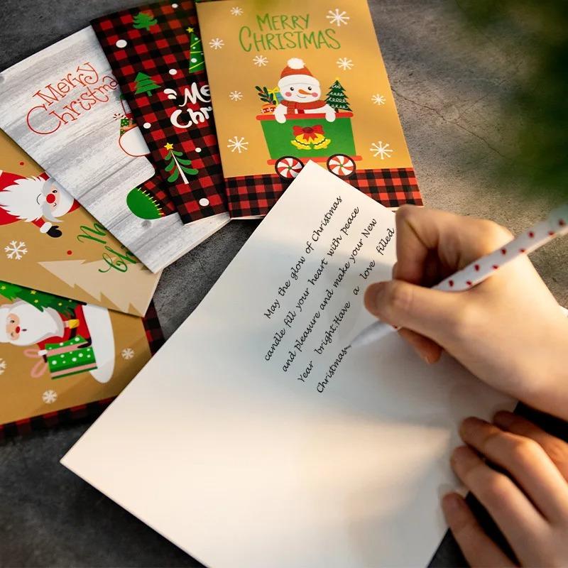 6pcs Merry Christmas Greeting Cards with Envelopes Stickers Folding Type Cartoon Print Gift Cards Christmas Decoration Supplies