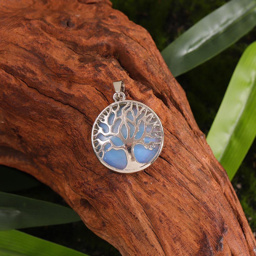 Cross Hollow Life Tree Pendant: Natural Crystal Agate Money Tree Necklace, Natural Stone Round Wishing Tree Pendant.