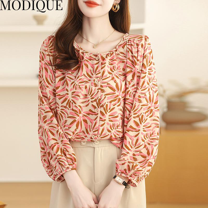 MODIQUE Spring Summer Plus Size Women Casual Loose Elegant Cotton Linen Chiffon Leaf Print Blouse Shirts Lady Oversize O-Neck Long Sleeve Coats