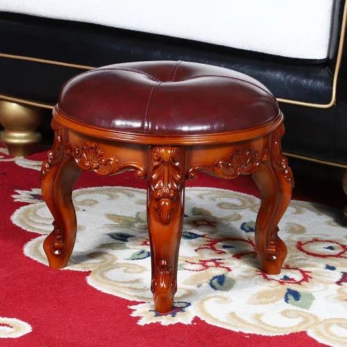 Retro Rzeźbiony Mały Stołek Luksusowa Skórzana Poduszka Kreatywne Niskie Siedzisko Elegancki Pokój Krzesło Sofa Stylowe Siedzisko Dekoracyjny Podnóżek