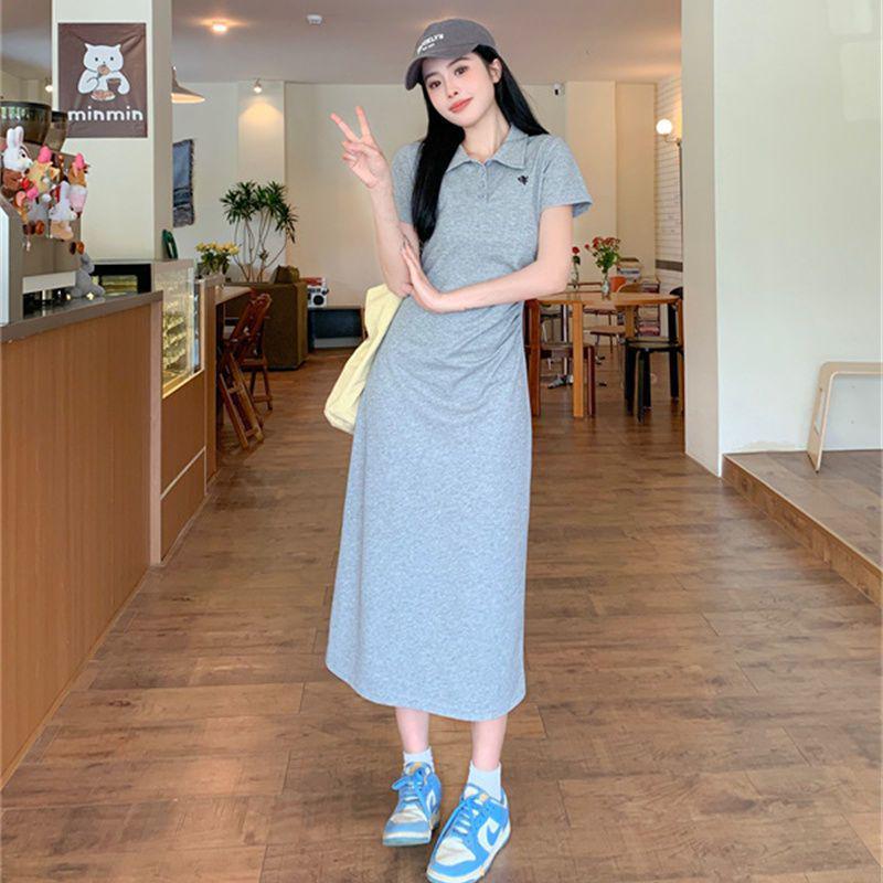 Women's Embroidered Polo Collar Short-Sleeved T-Shirt Dress - Waist-Cinching Slim Summer Long Skirt, Academy Style.