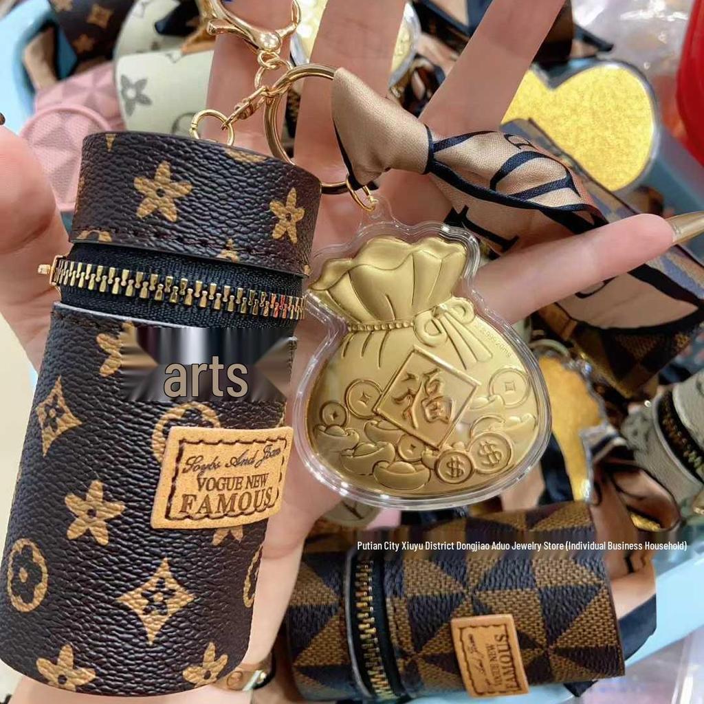 999 Pure Gold Fu Character Keychain: Vintage Flower Bag Charm & Cartoon Ornament Gift