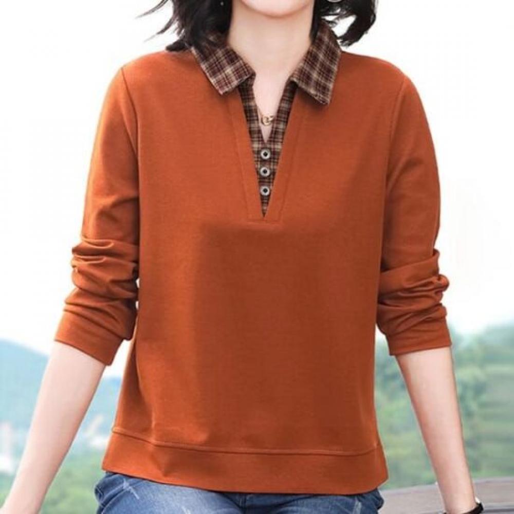Navava Women Big Size Check BuTTon PoinT Collar Long Sleeve T shirT nT3137