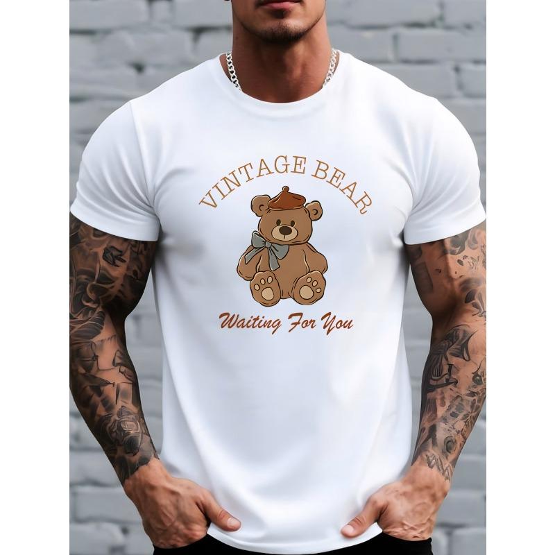 European Size Vintage-Style Bear Graphic Men'S Print T-Shirt, a Perfect Gift for Friends, Suitable for Casual Wear in All Seasons,Especially in Summer