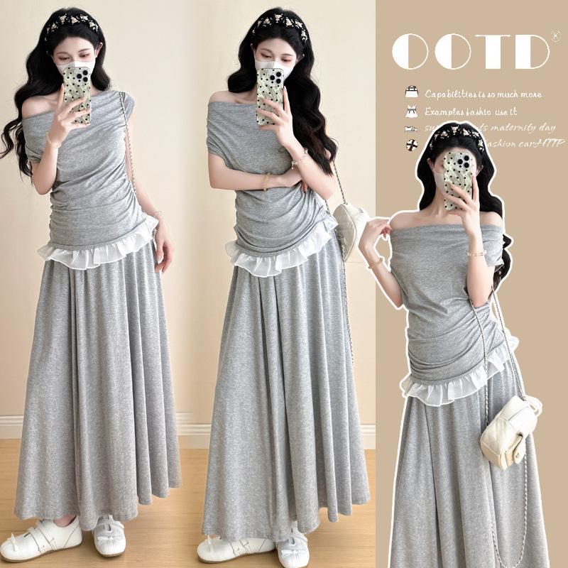 2026 Summer Anti-Aging Maternity Two-Piece: Ruffle One-Shoulder Top + Short Sleeve Maternity Skirt M