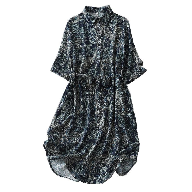 2025 Spring and Summer New Retro Printing Loose and Thin Medium and Long POLO Collar Seven-quarter Sleeve Coffee Break Skirt