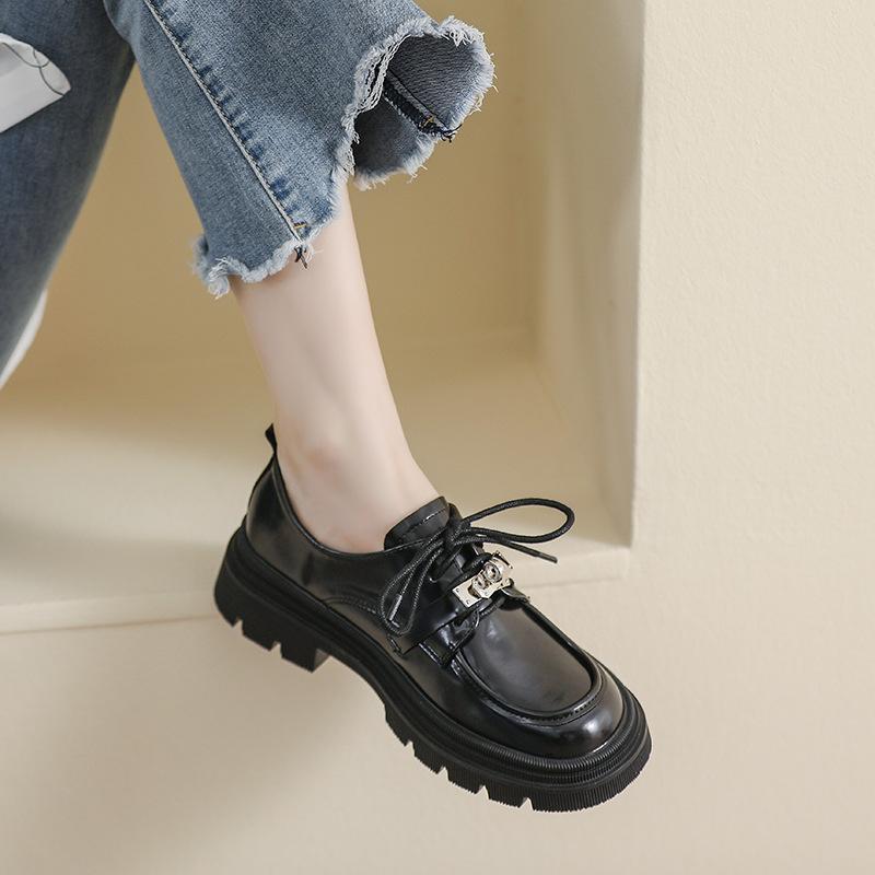 thick-soled women's spring and autumn lace-up retro small leather shoes thick heel soft sole large size women's shoes