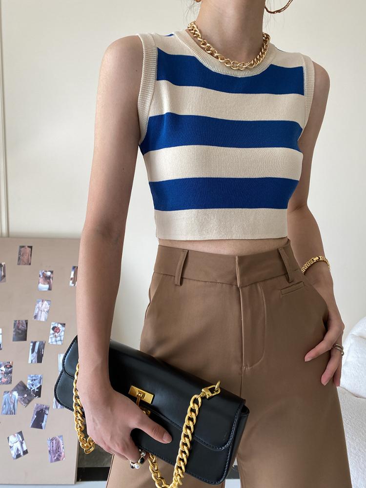 Sexy ribbestrikket tanktopp for kvinner Sommerstriper o-hals Ermeløse beskjæringsoverdeler Street Vintage koreansk moteskjortevest Y2K-klær