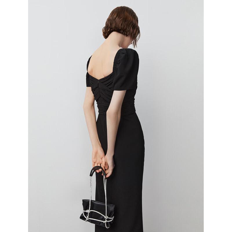 Langzi Elegant French Square Neck Black Dress