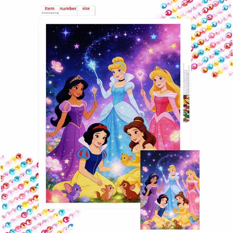 Disney themed diamond painting kit Princesses with magic wands, handmade diy home decoration for beginners and craft lovers Round 20x30cm