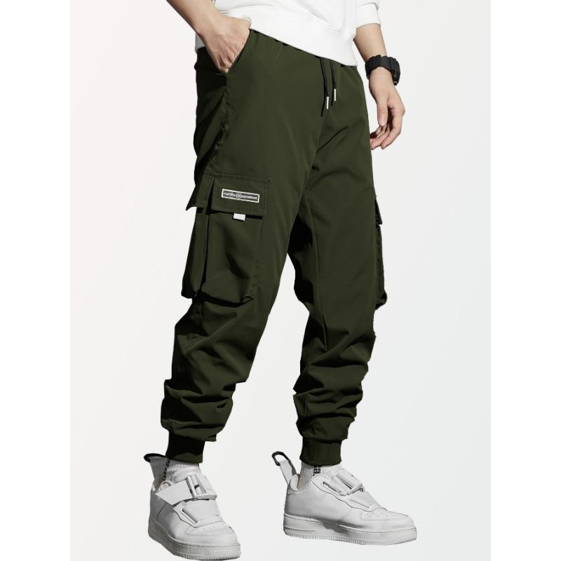 Men Drawstring Elastic Waist Multi Pocket Cargo Pants Ankle Cuffed Jogger Casual Street Trousers