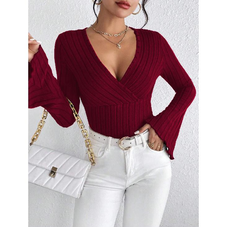 New Women's V-neck Flared Sleeve Burgundy T-shirt Autumn Winter Slim Fit Base Shirt Top