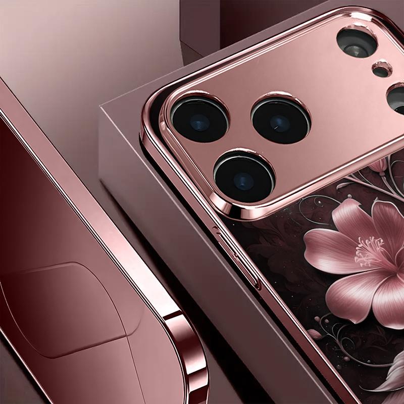 Pink Flowers Pattern Pink Metallic Tempered Glass Phone Case For iPhone 11 12 13 14 15 16 17 Pro Max 15 Plus 17 Air 16E Cover