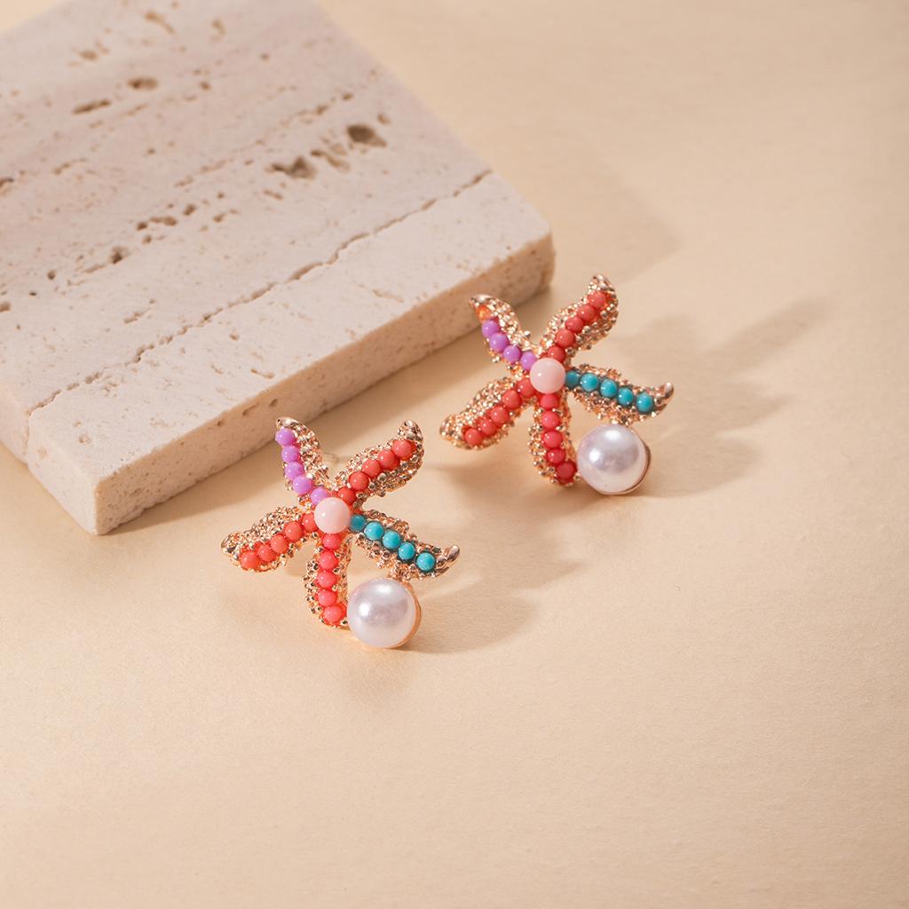 Summer Vacation Style Colored Starfish Pearl Stud Earrings Women'S Seaside Sweet And Advanced Sense Niche Temperament Earrings