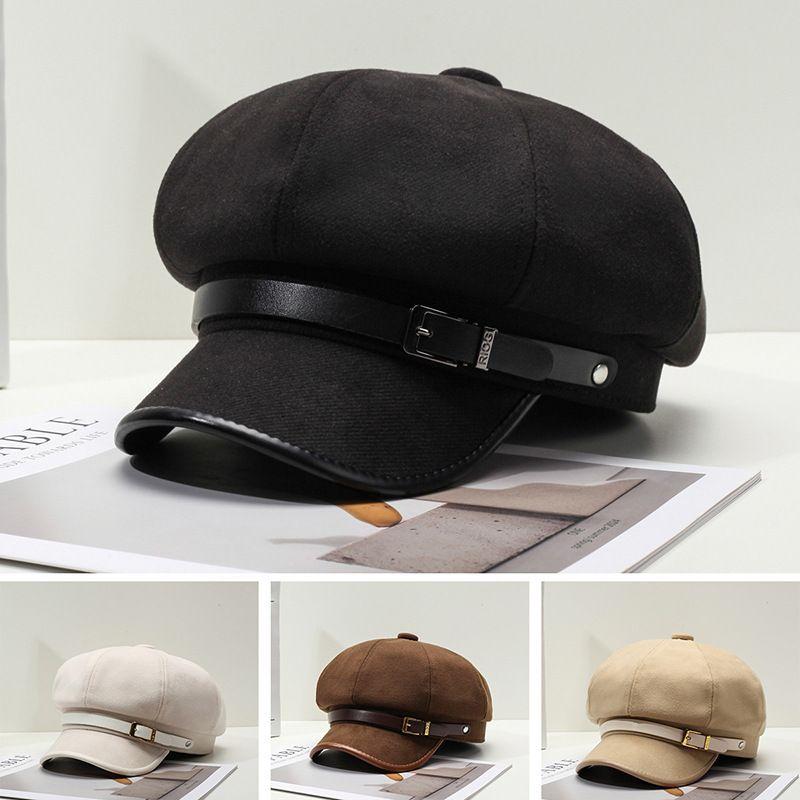 Retro Versatile Belt Buckle Beret FallSeason and ColdSeason Outside Cold Proof Octagonal Hat British Style Warm Painter Hat Korean