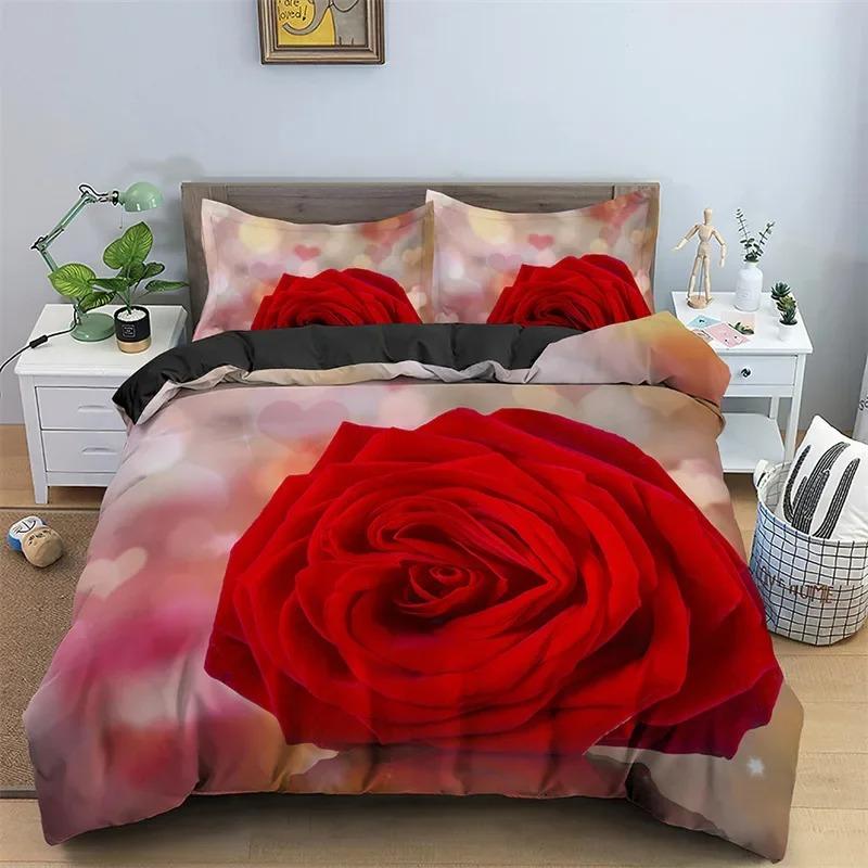Floral Duvet Cover Set Full Size 3D Red Rose Bedding Set Microfiber Romantic Flowers Quilt Cover Wedding Valentine's Day Decor