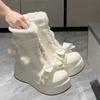 Sweet Winter Girls Lolita Mid-Calf Snow Boots Cute Female Students Plush Warm Bowknots Lace Up Wedge Heel Heightening Shoes