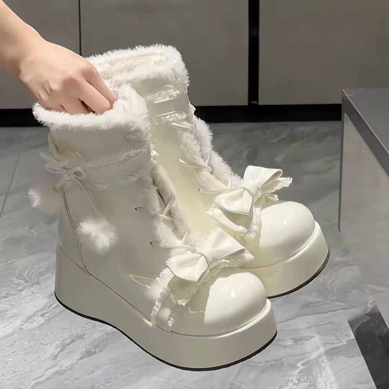 Sweet Winter Girls Lolita Mid-Calf Snow Boots Cute Female Students Plush Warm Bowknots Lace Up Wedge Heel Heightening Shoes