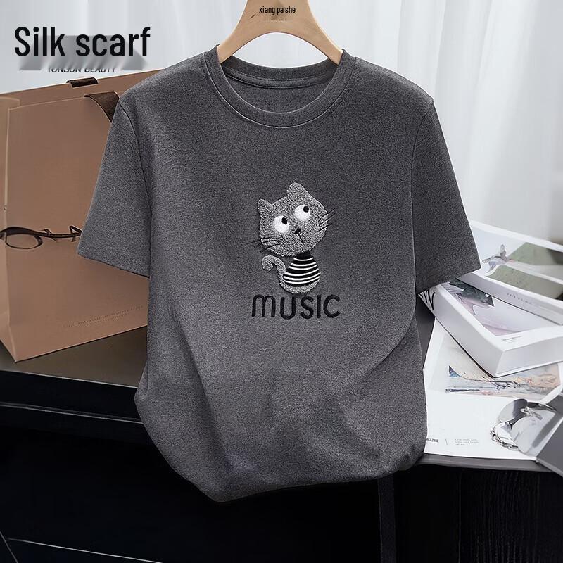 Women s Embroidered Loose Fit Round Neck T-shirt L