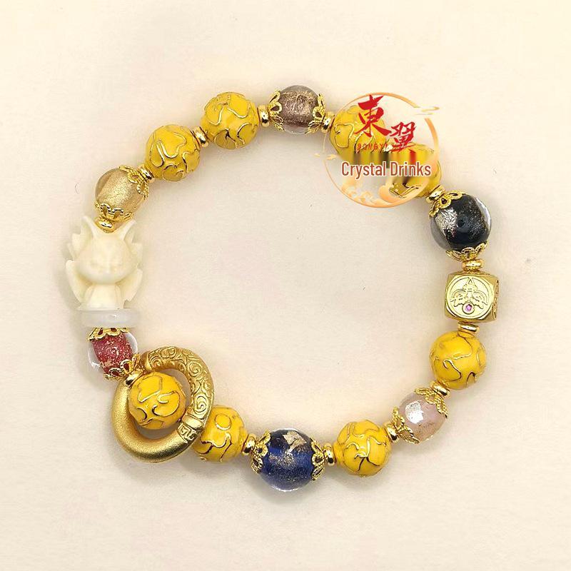 Pink Cloisonné Nine-tailed Fox Bracelet with Gold Leaf and Enamel Beads