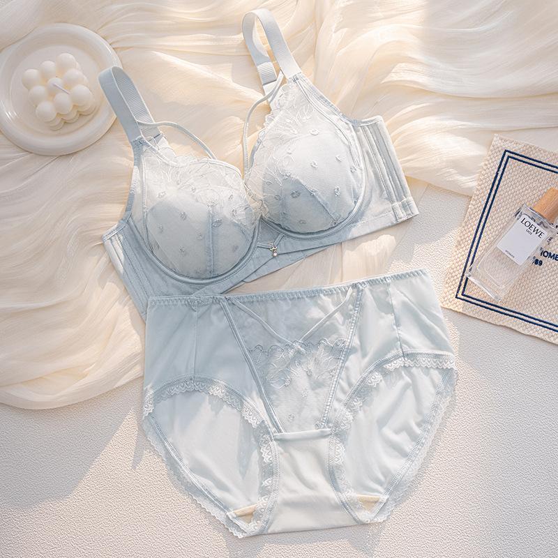 Women Luxury Pure Desire Lace Mesh Bra Set Wireless Push‑Up Adjustment Comfortable Breathable Brassiere for Small Bust