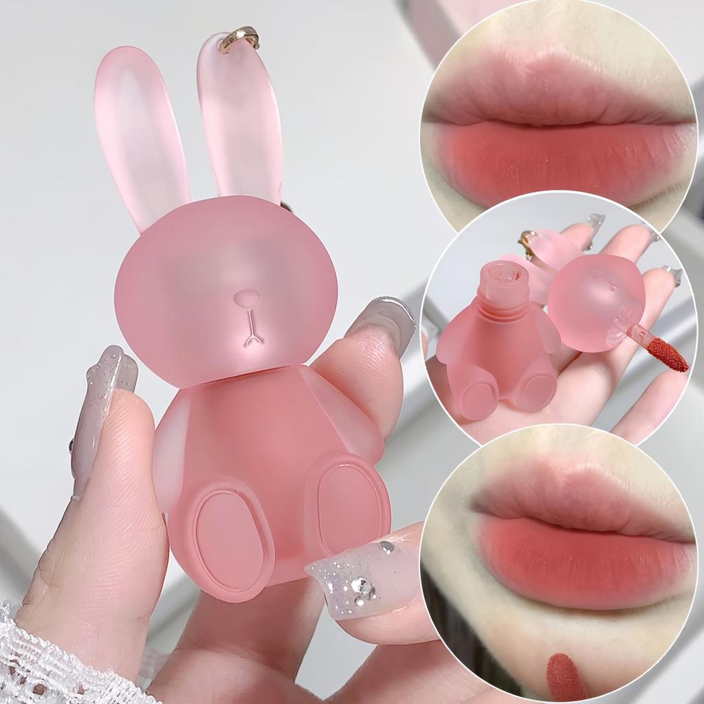 Precioso barro labial en forma de conejo aterciopelado, duradero, hidratante, antiadherente, con acabado mate, arcilla para labios perfecta para el maquillaje diario