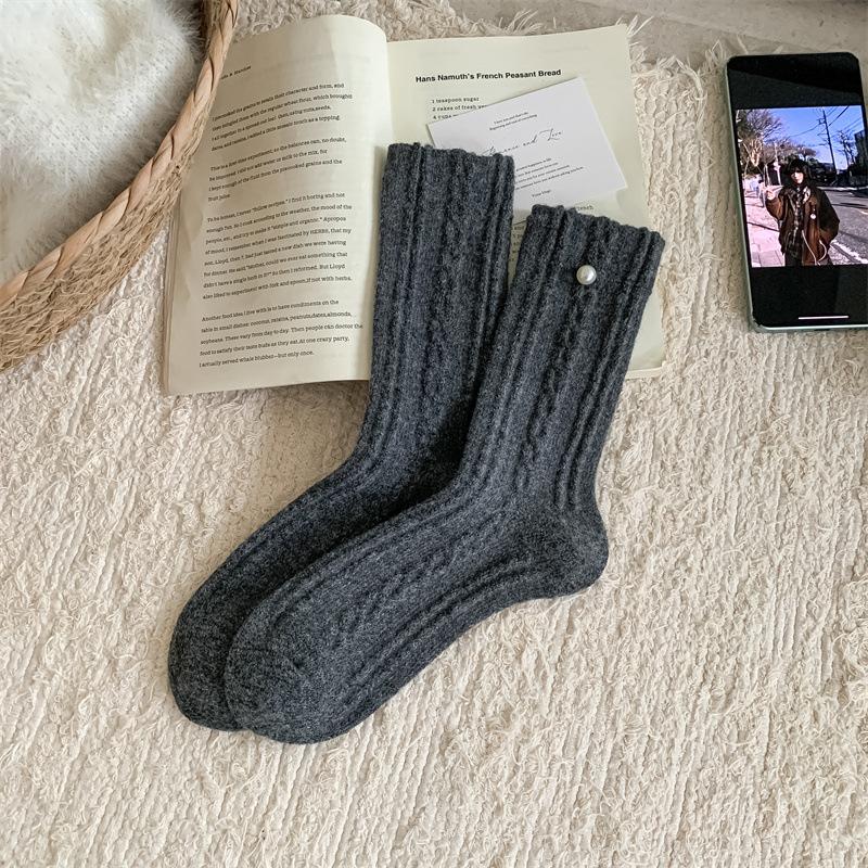

Autumn and Winter Women s Mid-calf Socks in Grey Tones, Cute Cat Warmth Wool Socks for Women 1 pair