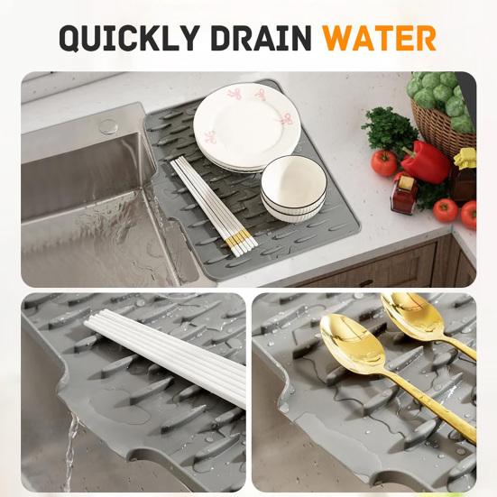 Dish Drying Mat Silicone Heat Resistant Kitchen Countertop Mat Non-Slip Kitchen Drying Mat Protects Surfaces