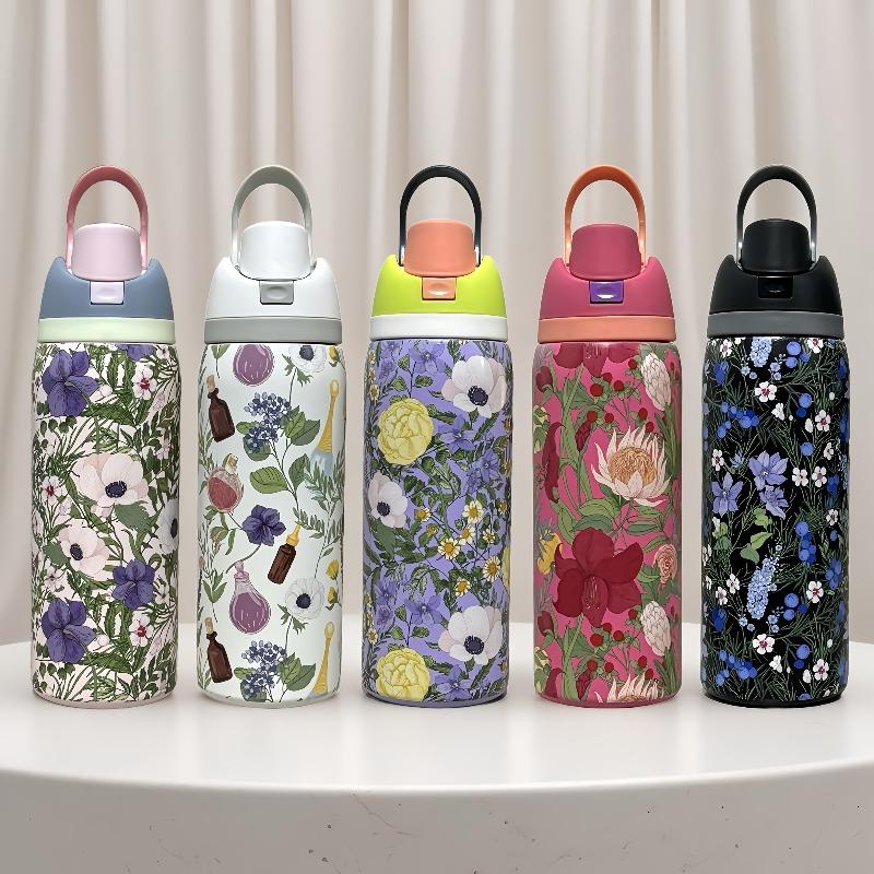 1pcs Floral Insulation Stainless Steel Thermos Bright Summer Garden Design Keeps Drinks Warm or Cold for Home and Outdoor Use