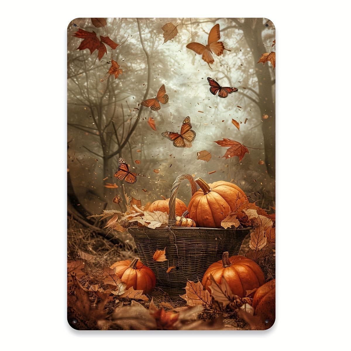 

[2D Flat] 1pc Vintage Pumpkin World Metal Tin Sign, 20.32x30.48 cm Rustic Iron Wall Art with Autumn Forest Scene, Hand-Painted J 20X30CM