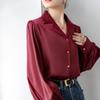 Women's Black Satin Shirt - 2026 Spring/Fall Loose Fit with Stylish Suit Collar and Long Sleeves