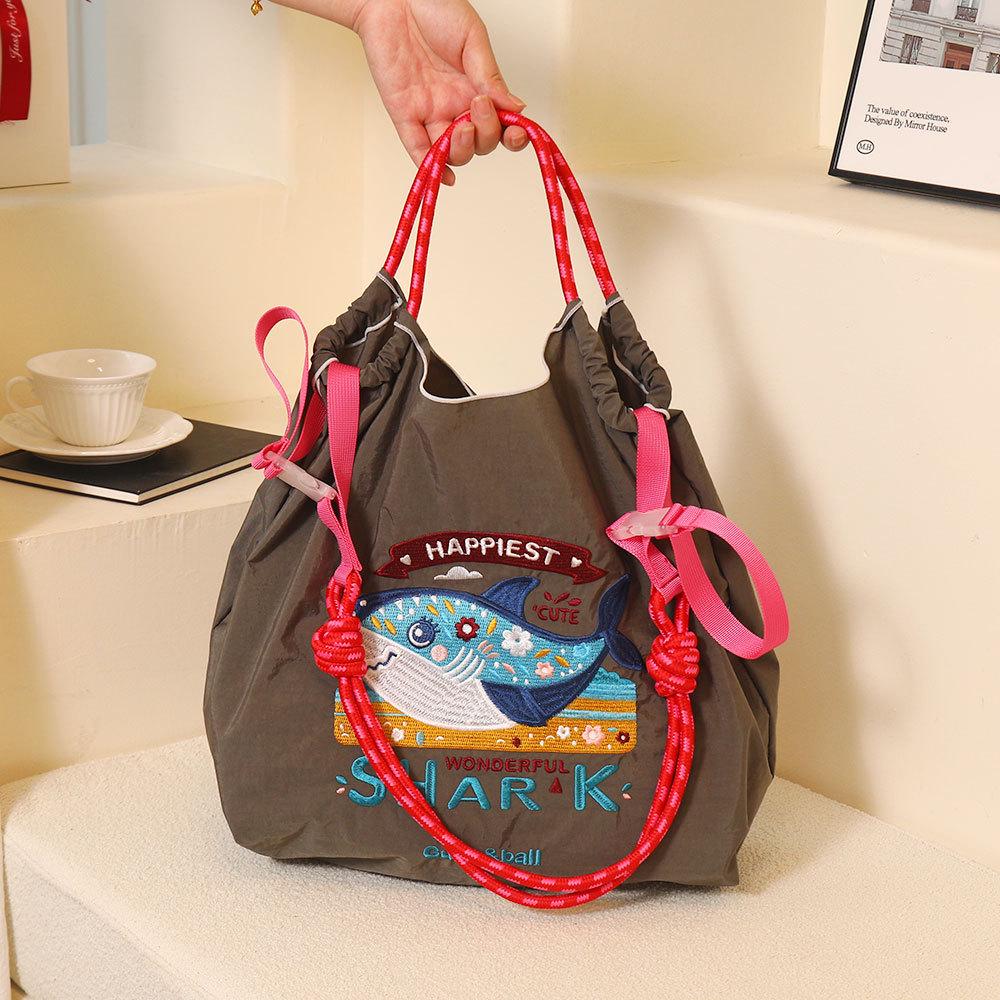 Japanese Style Handmade Waterproof Nylon Canvas Bag with Embroidered Patterns, Large Capacity