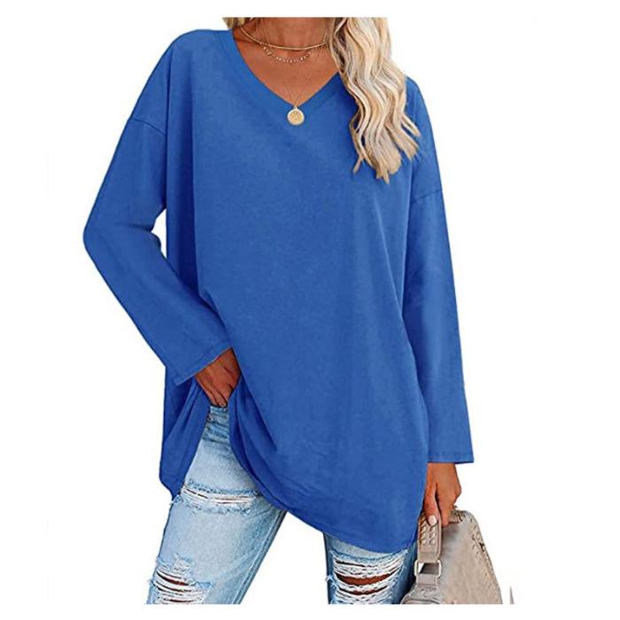 Super Large Multi-color Loose V-neck Women's T-shirt with Drop Shoulder Sleeves