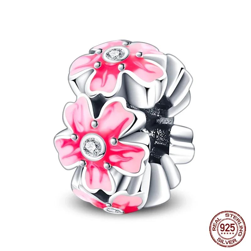 copper Cute Pink flowers Heart Pendant Bead Charms Compatible With 4MM hole diamete Charm Bracelets for Women Do It Yourself Jewellery Making Gift