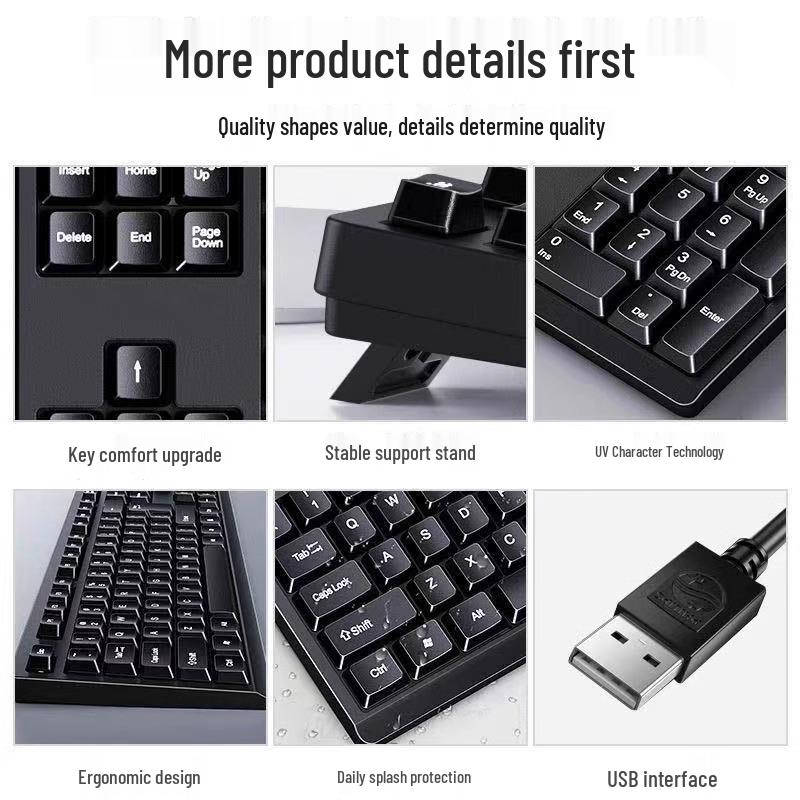 Silent Black USB Wired Keyboard & Mouse Set for Office and Gaming - Comfortable for Desktop & Laptop