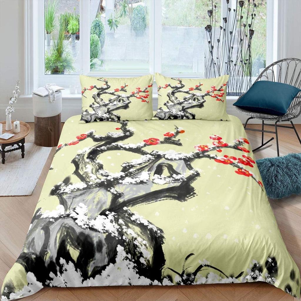 Comforter Plum Blossom Flower Floral Comforter For Kids Teens Women Butterfly Branches Ink Style Warm And Comfortable