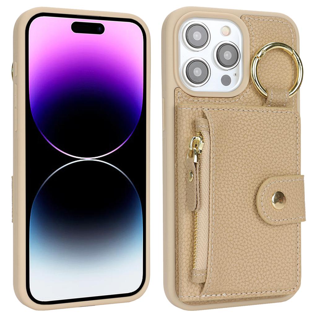 For iPhone 14 Pro Max Case Litchi Textured PU Leather + TPU Kickstand Phone Cover with Card Slot