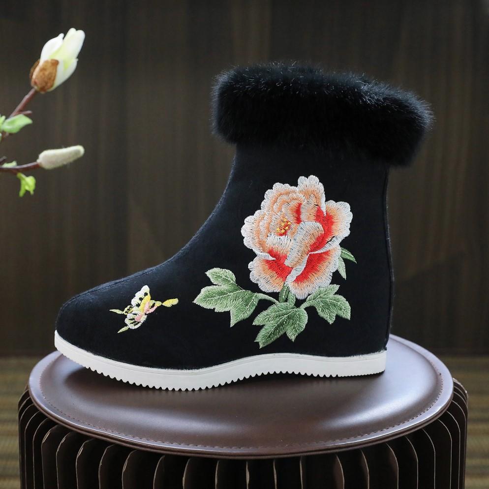 Winter Warm Ankle Boots for Women Casual Anti Slip Plush Fleece Lined Snow Boots With Side Zipper Women's Embroidered Faux Fur Lined Short Booties
