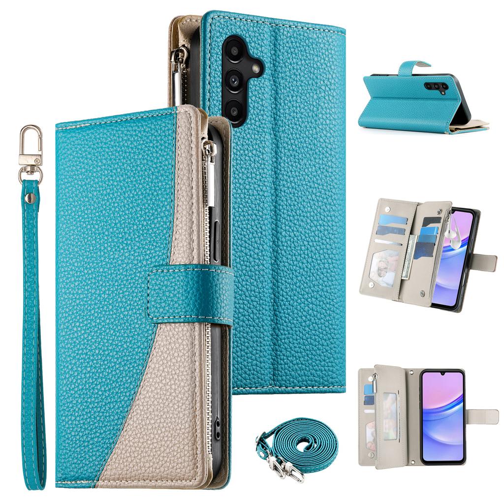 For Samsung Galaxy A15 5G/4G Case Zipper Wallet Color Splicing Leather Flip Phone Cover with Straps
