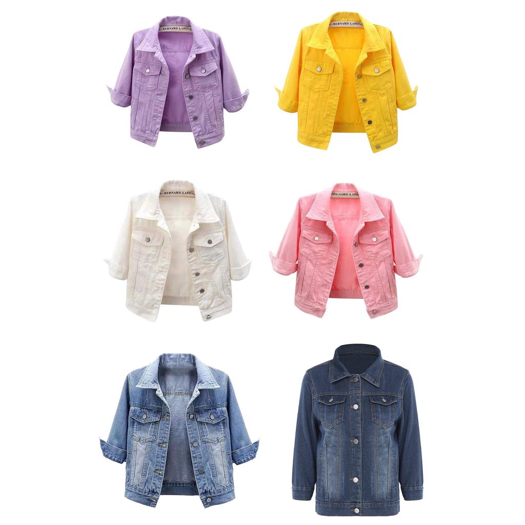 Womens 3/4 Sleeve Denim Jacket Casual Turn Down Collar Button Jean Jackets Coat with Pockets