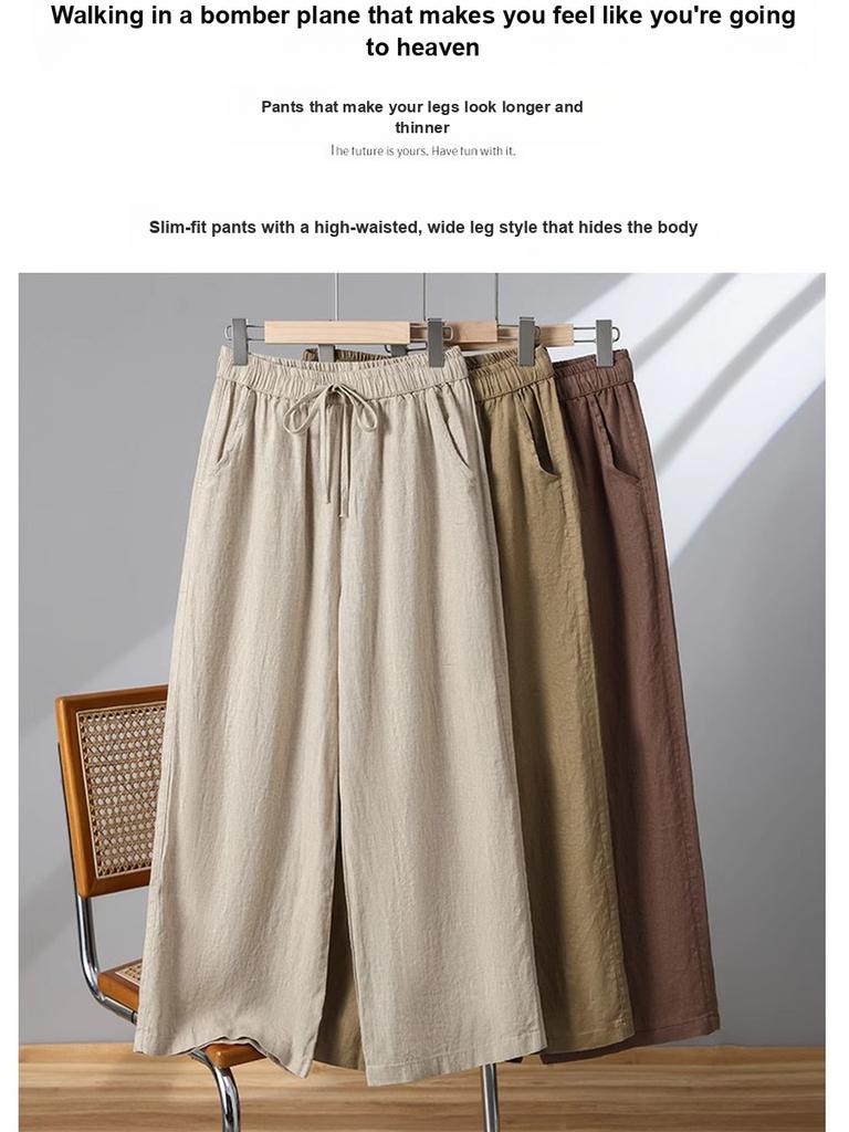 Cotton Linen Wide Leg Pants Women Spring Summer Bohemian High Waist Plus Size Linen Nine-Point Pants Drawstring Straight Leg Thin Casual Pants