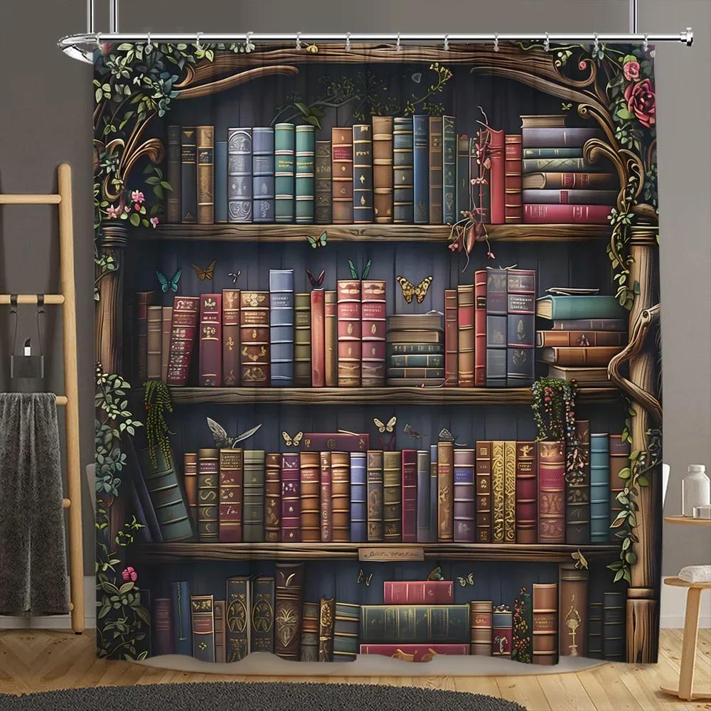 Vintage Library Shower Curtain Old Book Bookshelf Skull Halloween Candles Floral Plant Home Polyester Fabric Bathroom Decor Se