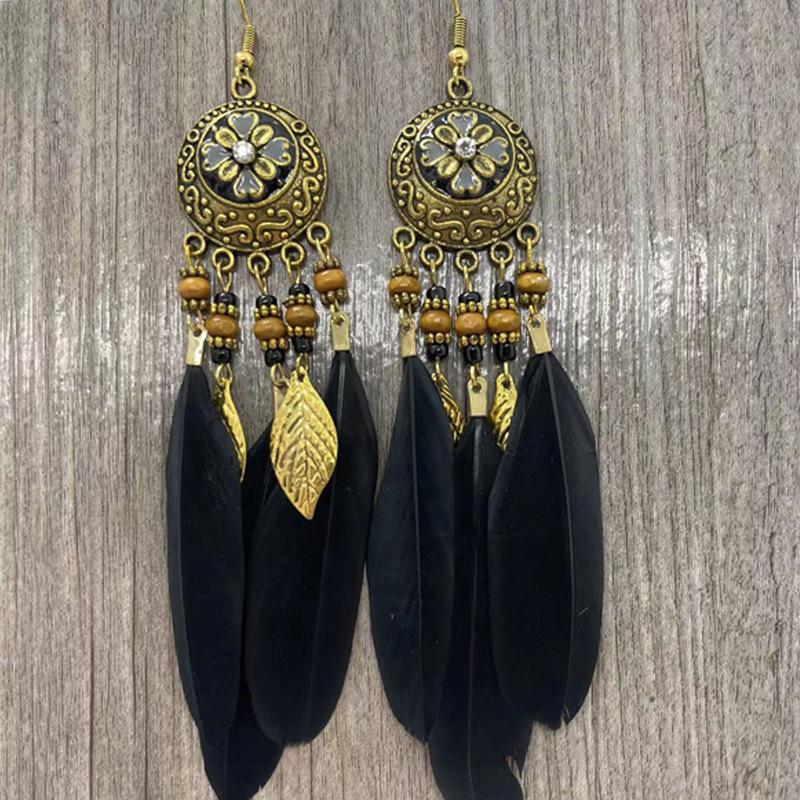 

Bohemia Retro Ethnic Style Heart Feather Drop Dangle Earrings for Women Personality Royal Court Enamel Zircon Accessories Gift AB чорний