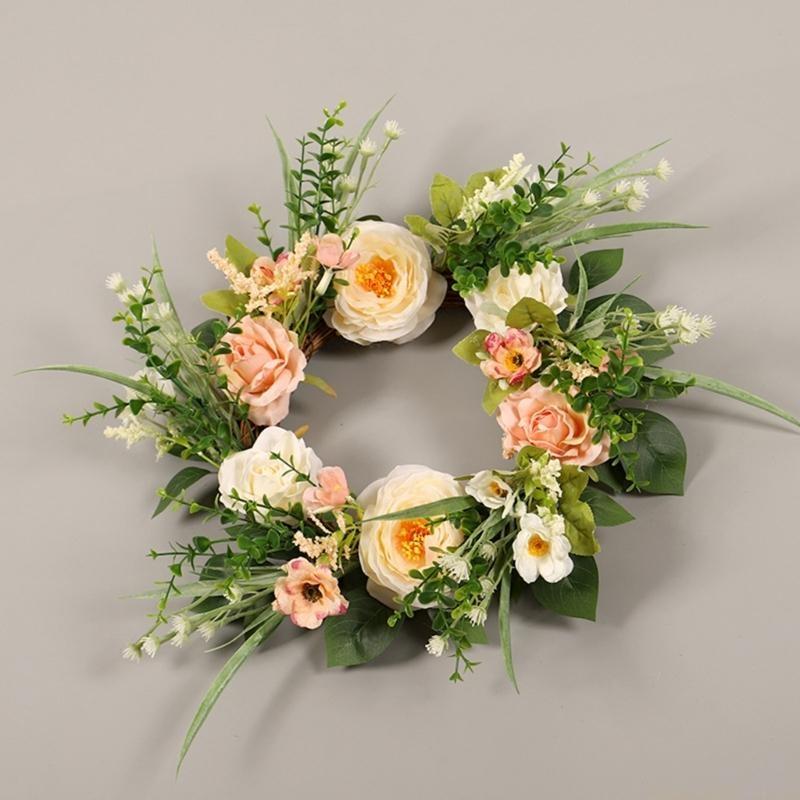 QX2E 15.7" Artificial Rose Wreath Front Door Decorations 40cm Wreath with Hydrangea & Green Leaves Wreath for Wall Decor
