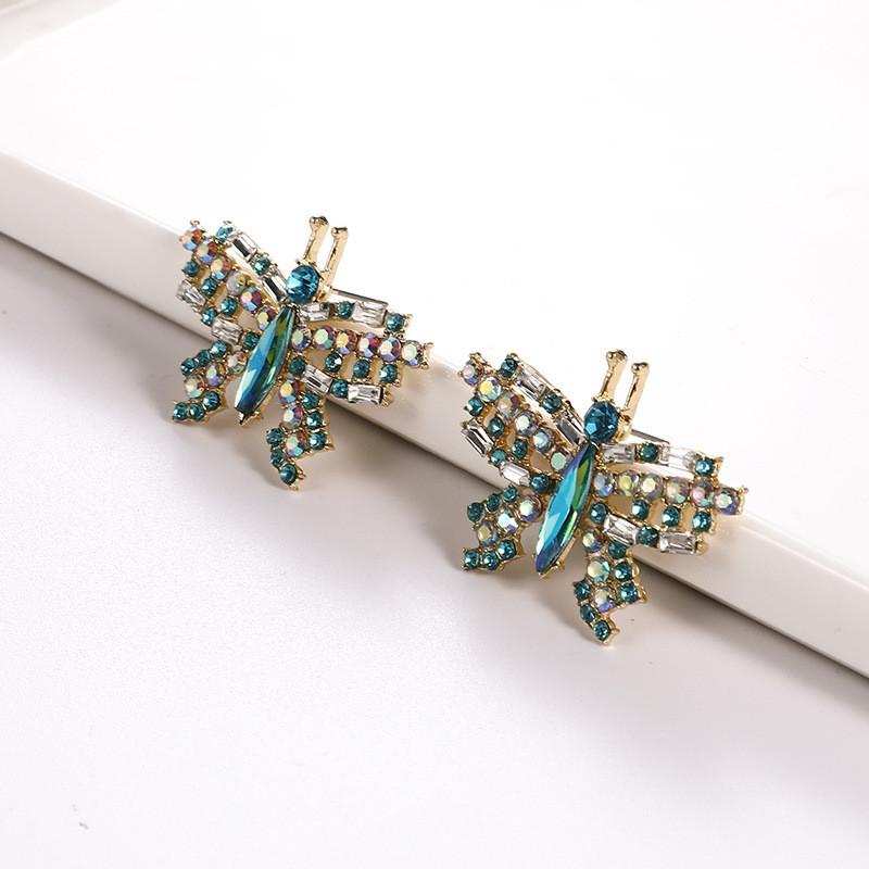 Pinkdudu Luxury Dragonfly Dangle Earrings Gradient Blue-Green Crystal Design Delicate OG147