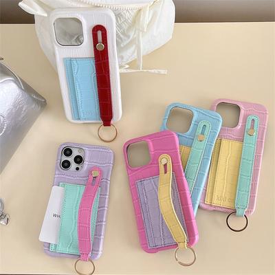 Color-Block Crocodile Skin Pattern Card Holder Wrist Strap Compatible with iPhone 16 Pro Max Apple 15 Phone Case 14 Hard Case 13 for Women