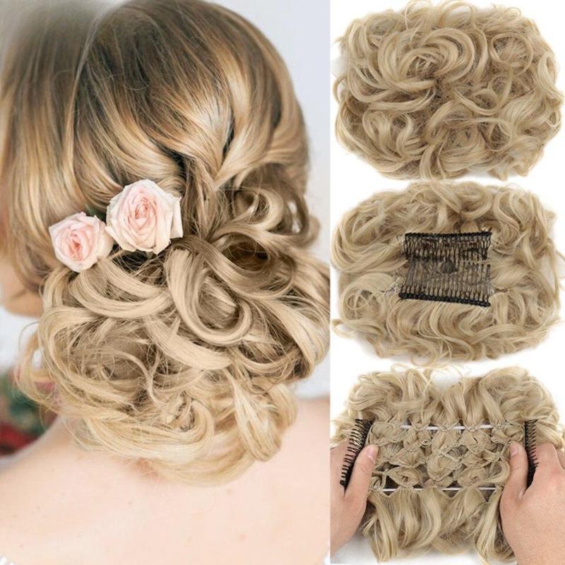 Synthetic Hair Bun Comb Clip In Messy Curly Chignon Elastic Band Scrunchies Hair Pieces Extension For Women Black Brown