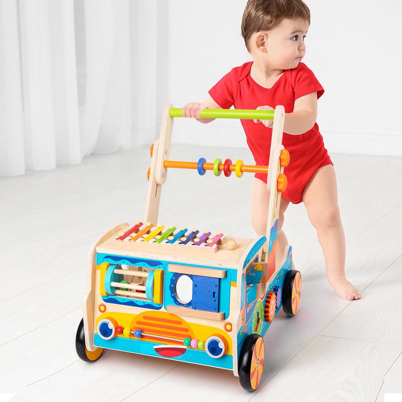 Baby Wooden Push Walker with Building Blocks, Xylophone, Puzzle, and Matching Toys