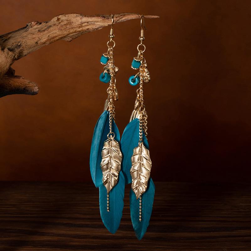 Bohemian Leaf Feather Earrings Retro Ethnic Style High Temperament Earrings Long Chain Ear Hook Jewelry Women