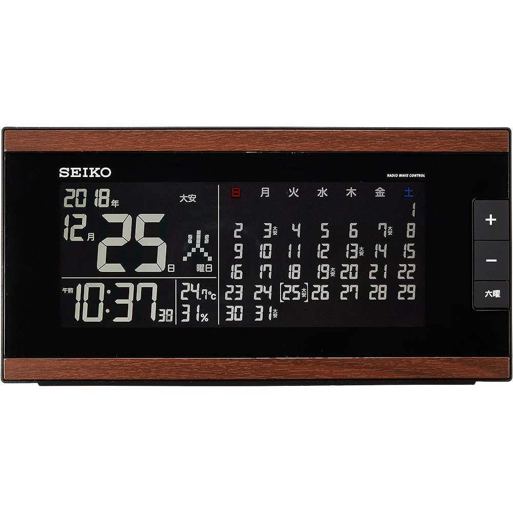 Seiko Clock DL212B SEIKO Alarm Clock, Radio-controlled, AC-powered, Digital, Monthly Calendar Function, Rokuyo Display, Brown Wood Grain Pattern